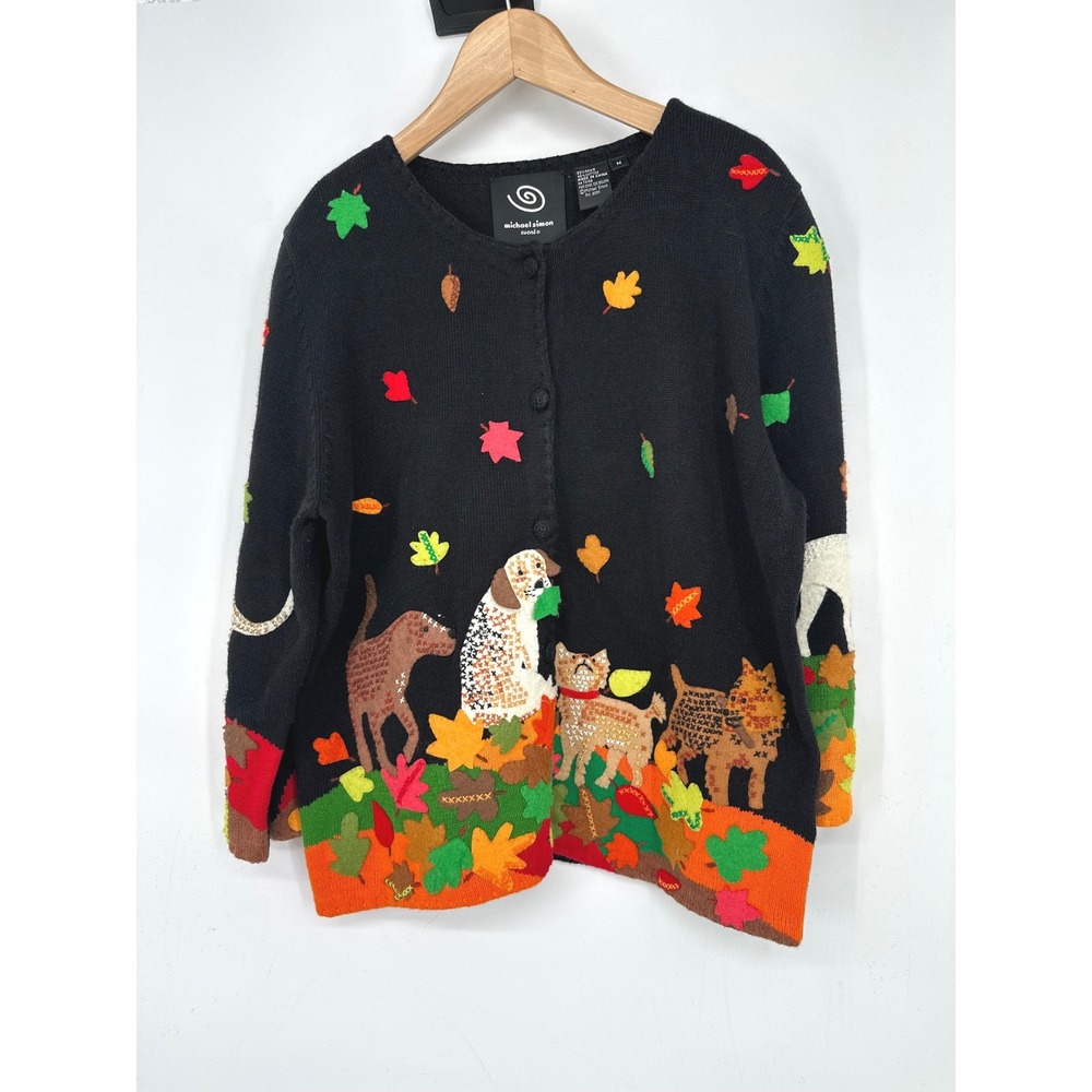 VTG Michael Simon Cardigan Sweater Women M Fall Leaves Dogs Cats Embroidered